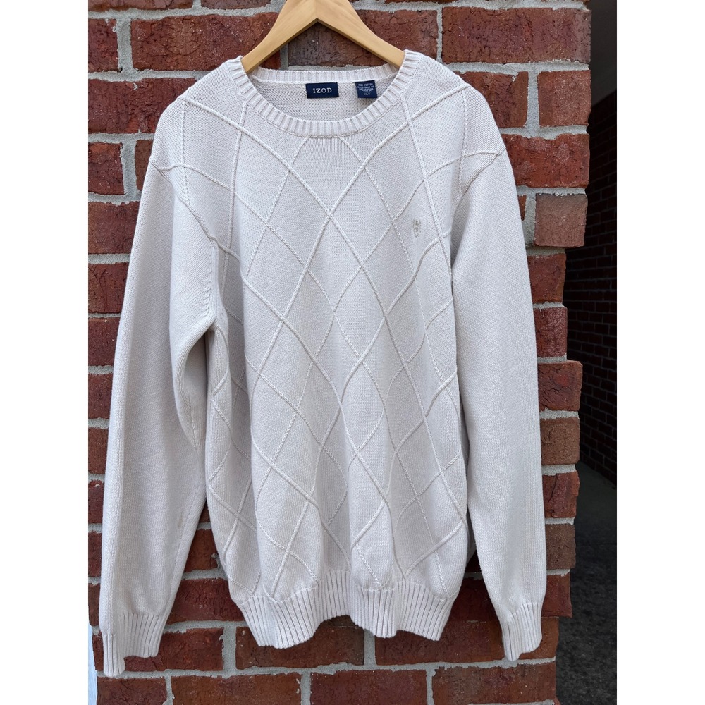 IZOD Mens XLT Cream Cotton Diamond Knit Crew Neck Sweater Long Sleeve Logo